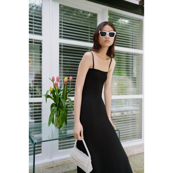 Black Zara Square-Neck Fit-and-Flare Spaghetti Strap Pullover Midi Dress (NWT) - Picture 6 of 9